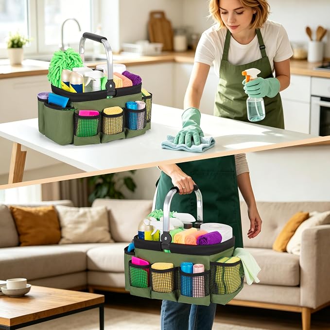 PGmoon Foldable Cleaning Caddy with Rotate Handle and Multi-Pockets | Cleaning Supply Organizer Bag with Easy Clean Liner, Portable Small Cleaning Tote for Kitchen Cleaning Supplies,Housekeepers