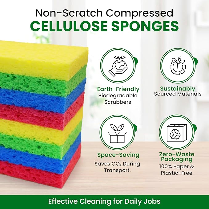 Cellulose Sponges – 24-Pack Multicolored Compressed Natural for Kitchen – Plant-Based, Biodegradable, Non-Scratch, Quick-Dry, Super-Absorbent for Dishes & Surfaces