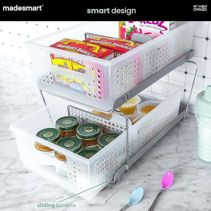 madesmart Two Tier Pull Out Organizer, Frost | adjustable dividers, tiered access, cleaning supplies, under sink use, pantry bottles, woman owned