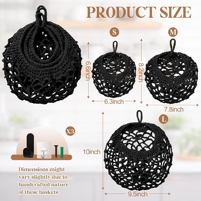 3 Hanging Baskets,Black,Crochet,Cotton Rope | Wicker Wall Baskets with Hooks for Fruit Vegetable Onion Storage, Teardrop Organizer for Kitchen, Boho Farmhouse Decor