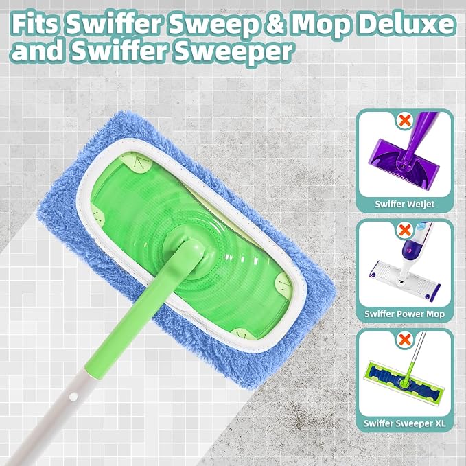 Reusable Mop Pads for Swiffer Sweeper Mop, Microfiber Dry Sweeping Cloths | Machine Washable Wet Pads Refill for Use on All Sealed Floors - Stone, Hardwood, Laminate & Tile (6 Blue)