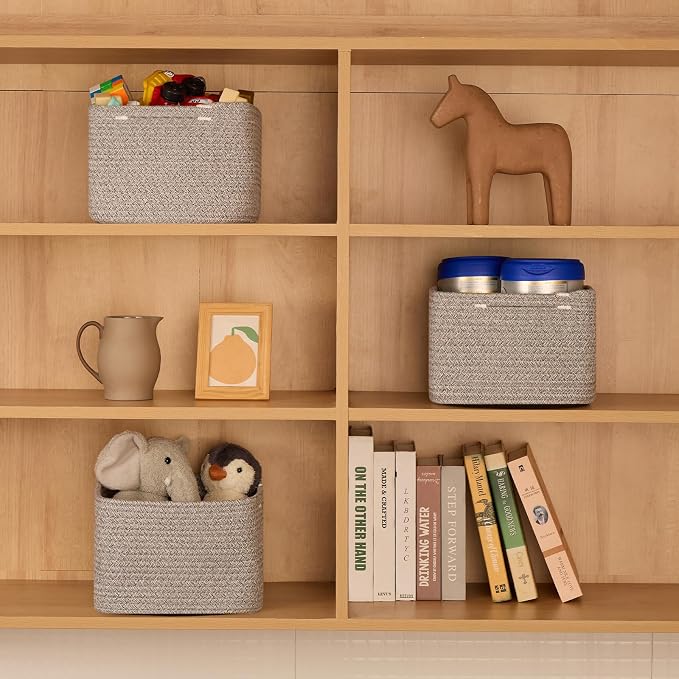 MiniArk Small Organizing Baskets for Cubes Shelf, 9.7x9.7x7.1 Inch Rope Woven Storage Bins for Nursery Shelves Storage, Cute Toy Basket, Square 3 Packs Mixed Grey