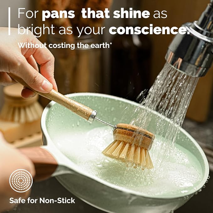 JUNGLE CULTURE Bamboo Dish Brush • 3 Swap Heads & Loofah Sponge • 4 Piece | Non Toxic Plastic Free Kitchen Brushes for Pots, Pans, Cast Iron, Jars & Vegetables • Natural Fiber Bristles