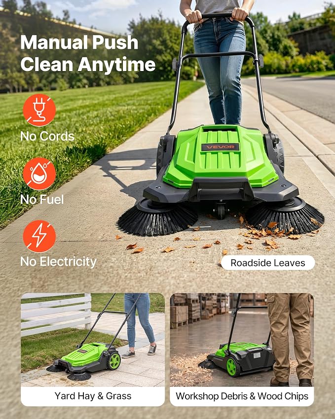 VEVOR Walk-Behind Hand Push Floor Sweeper, Manual Floor Sweeper Non-Electric with 25.6" Sweeping Width, 5 Gallons Waste Container & Adjustable Folding Handle for Yards Walkways Patios Garages - Green
