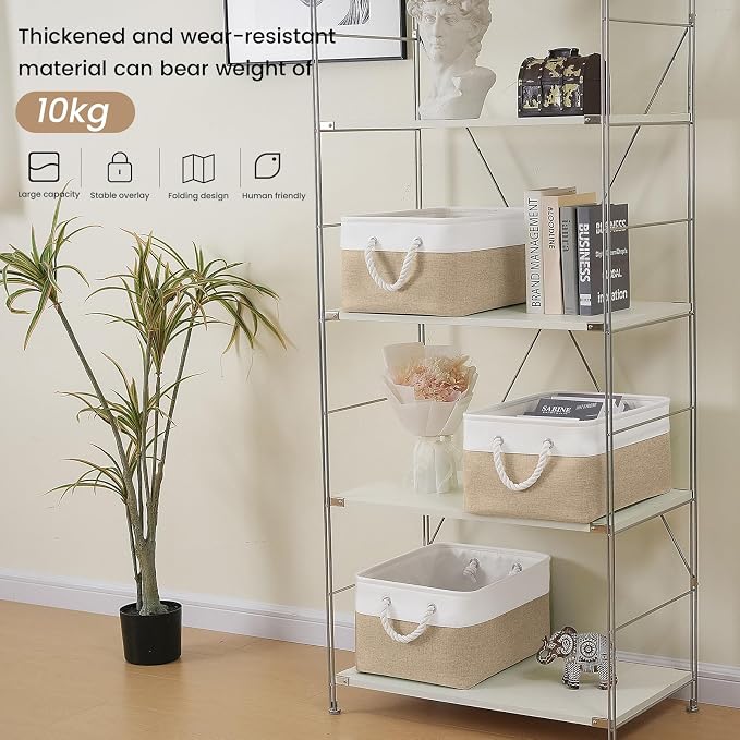 15.7x11.8x8.26 Inch Fabric Large Storage Bins with Handles 3 Pack | Foldable, Sturdy Metal Strand, Cardboard Support Molding, Fabric Storage Baskets for Shelves, Closet, Bedroom, White/Khaki
