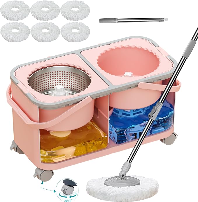 Easy-Rinse Mop Bucket Gen 2, Clean/Dirty Water Separation,Pink | Shower-Style Rinse, 1.5 Gal Capacity, 4 Wheels, 61-inch Handle, 6 Heads, for Apartments, Hardwood, Laminate & Tile Floors