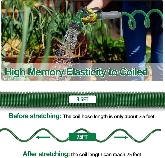 SPECILITE 3/8" Lightweight Coil Garden Hose 75 FT, EVA Flexible Water Hose | Curly Pipe with 6-Pattern Spray Nozzle for Outdoor, Boat, Greenhouse, Yard, Patio, Green