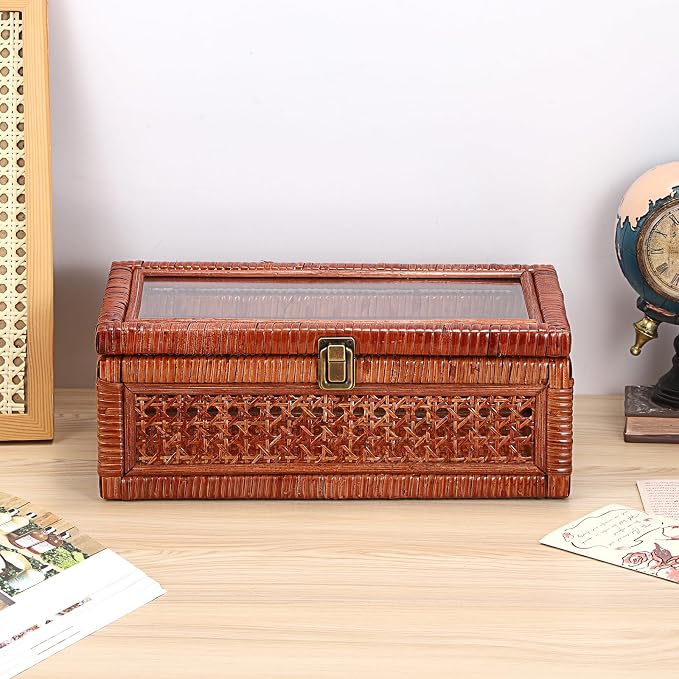Hipiwe Rattan Storage Box with Lid Vintage Wood and Cane Display Box, Brown | Decorative Shelf Basket for Home Decor, Rectangular Basket Organizer Bin for Bathroom, Kitchen Countertop