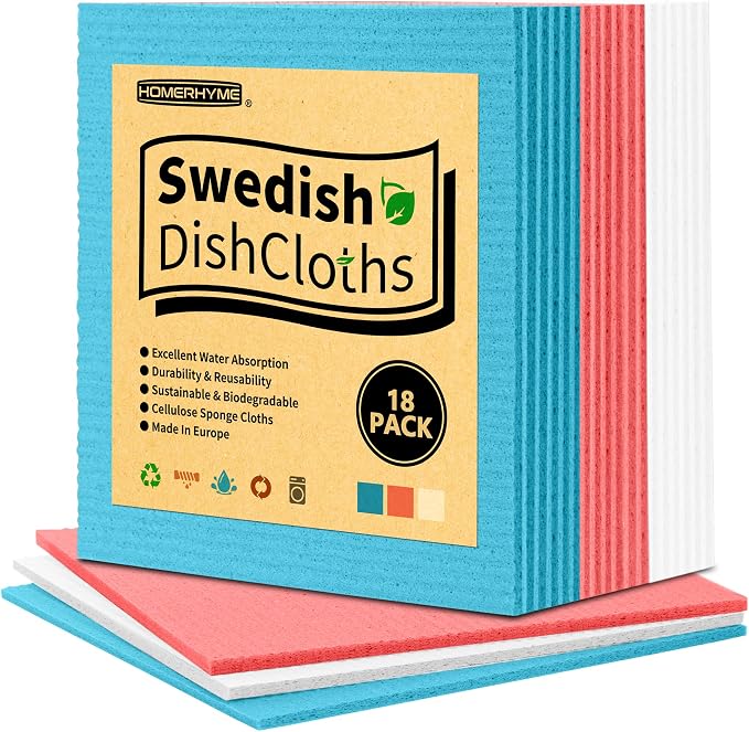 Swedish Dishcloths, 18 Pack Kitchen Towels Dish Rags, Absorbent Swedish Dish Towels for Kitchen, Non-Scratch Cellulose Sponge Cloths, Biodegradable Washable Reusable Paper Towels, Assorted