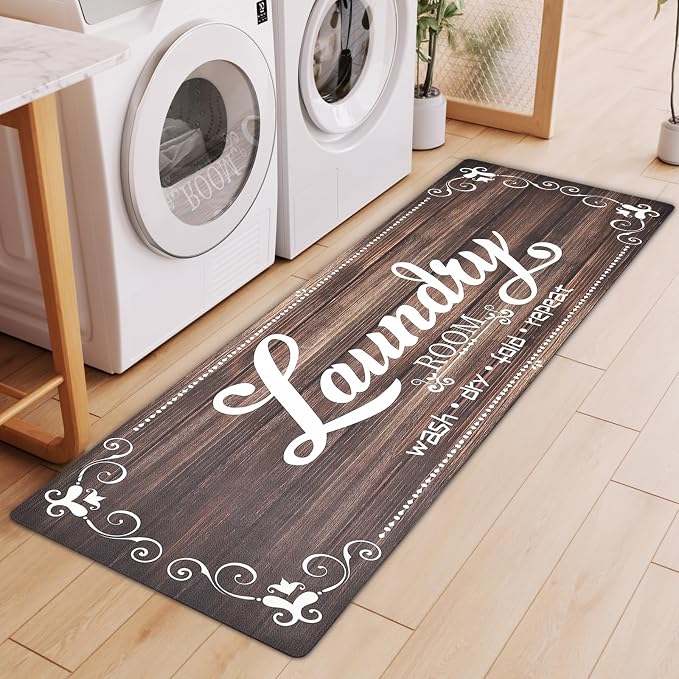 XLHOMO Laundry Room Rug Runner, 17"x60" Non Slip Brown Nappa Leather Laundry Rugs, Farmhouse Washable Floor Laundry Mats for Laundry Room, Kitchen, Washroom, Bathroom, Mudroom, Hallway Entryway Decor