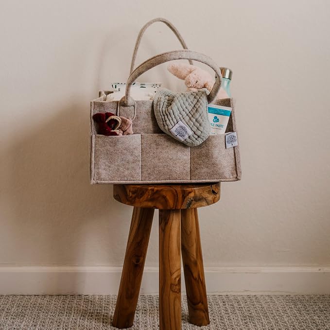 Parker Baby Co. Felt Diaper Caddy Organizer - Large, Oatmeal | Portable nursery storage bin for diapers, wipes, bottles & baby essentials in home/car. Soft felt, foldable design 16x10x7"