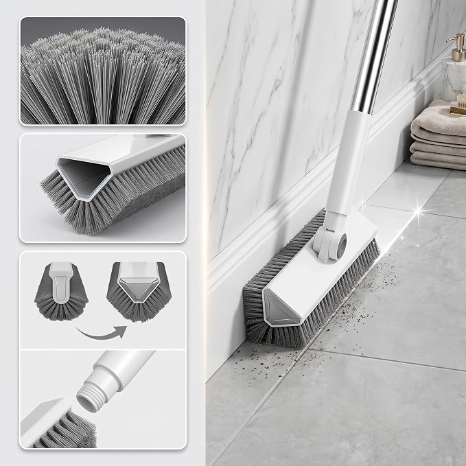 V-Shaped Floor Scrub Brush with Long Handle, Heavy-Duty Stiff Bristle Grout Cleaning Brush, 180° Rotating Tile Scrubber for Bathroom, Shower, Kitchen, Garage, Patio, Deck & Concrete Floors