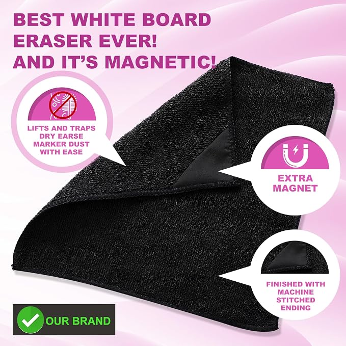 Tudomro 30 Pcs Magnetic Microfiber Cleaning Cloth, Black | 10'' x 10'', Dry Erasers Bulk, Whiteboards Dry Erase Cloth, Cleaner Reusable, Home, Office,