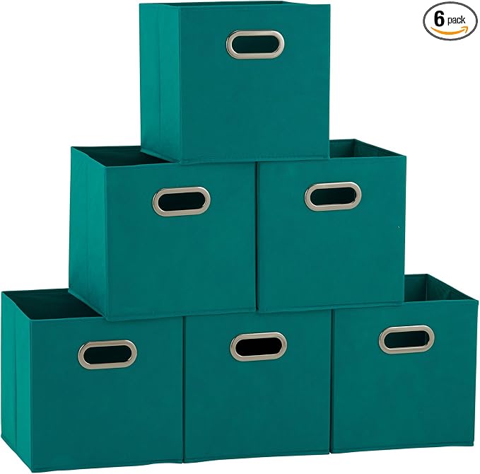 Household Essentials Fabric Storage Bins in Strong Poly‑Woven Fabric, Sturdy Chipboard Sides, Grommet Front Handle, Teal Green, Set of 6