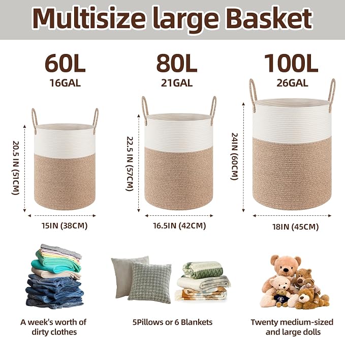 OIAHOMY 60L Nursery Hamper Laundry Basket Laundry Hamper Yellow/Black | collapsible Blanket Basket Cotton Rope Woven Basket Dirty Clothes Hamper Baby Hamper Tall Clothes Hamper with Handles
