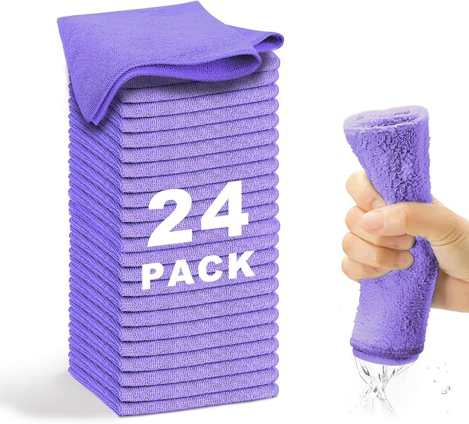 Microfiber Cleaning Cloth-24Pcs (13x13 inch) Ultra Soft Highly Absorbent Rags for Housekeeping-Machine Wash (Purple)