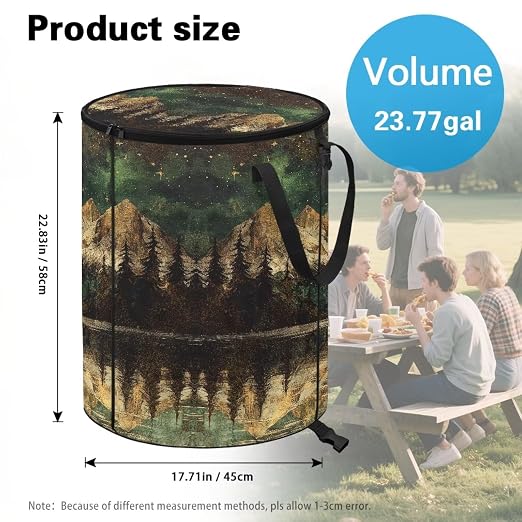 Landscape Moon Collapsible Trash Can with Lid Waterproof Bedroom Trash Can Decorative Portable Outdoor Waste Bin for Camping, Yard Waste, Picnic