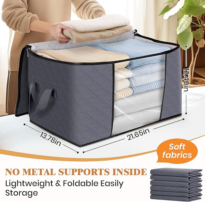 Fab totes 4 Pack Storage Bags for Clothes Blanket Storage Bins with Lids | Foldable Closet Organizers with Zippers,Window and Handles,Fabric Storage Bins for Sweater,Comforter,Bedding,Dorm essentials