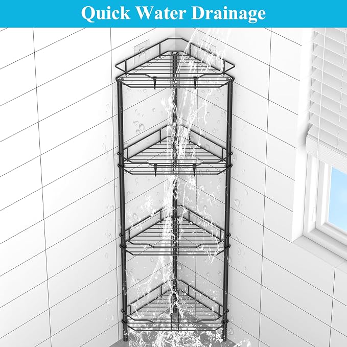 HuggieGems Metal Floor Standing Corner Shower Caddy, Matt Black, 4 Tier | Adhesive Bathroom Organizer Shelves, Free Standing Shower Rack with Hooks, Hold Large Shampoo Bottles