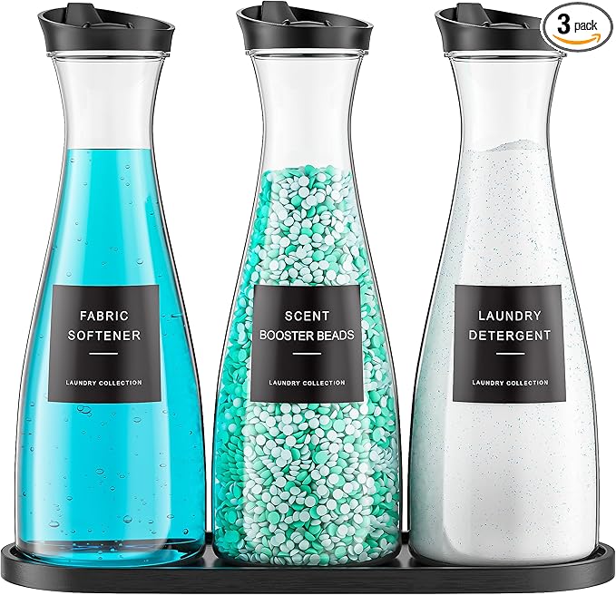 3 Pack Laundry Detergent Dispenser Container, 54OZ Laundry Soap Dispenser | with Tray, Black Laundry Room Organization for Powder, and Fabric Softener
