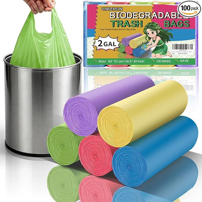 2 Gallon Small Bathroom Trash Bags - Colorful Biodegradable With Handles Mini Garbage Bags 100 Count Unscented Kitchen Car Office Little Wastebasket Liners 7.5 Liter Strong Thick Bulk Vincereon