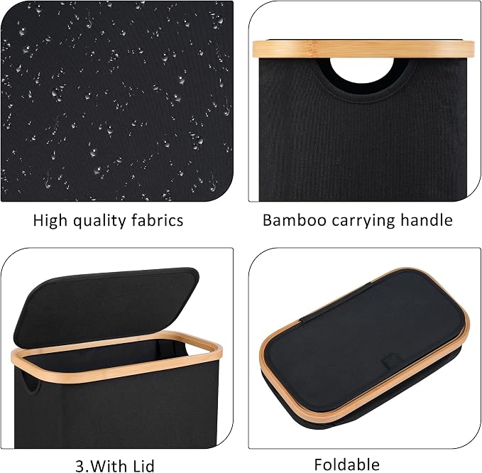 60L Slim Laundry Hamper,Laundry Basket with Lid,Tall Hamper for Laundry,Dirty Cloth Hamper with Bamboo Handle for Toys,Towels, Clothes Organizing,Black