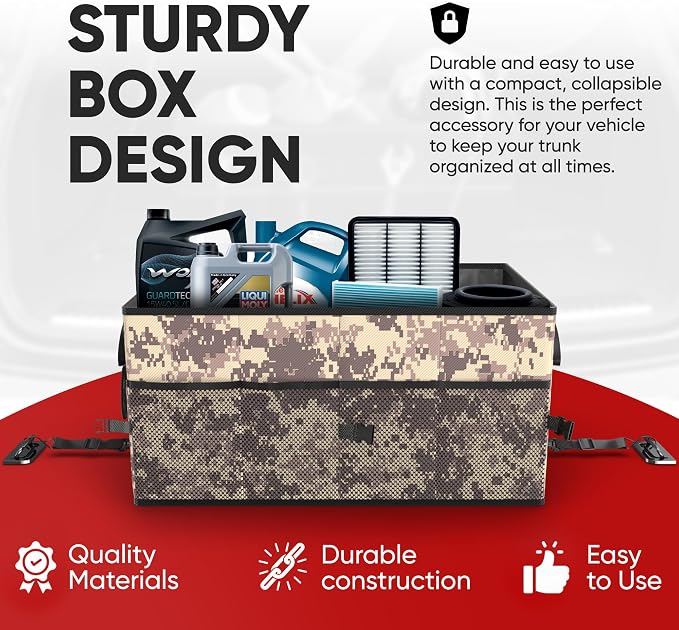 FORTEM Trunk Organizer - Foldable Car Organizer & Storage for SUVs & Trucks | Car Accessories for Men Women, Collapsible Bag, Non Slip Bottom, Straps, Soft Cover, 600D Oxford, 3 Compartments, 50L