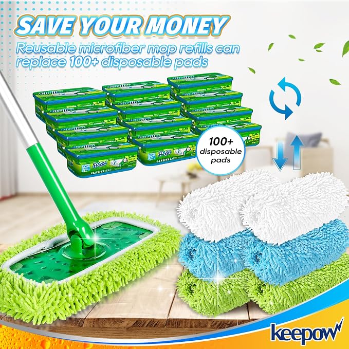 KEEPOW 6 Pack Reusable Microfiber Mop Pads Compatible with Swiffer Sweeper | Chenille, Multi-Color (2 White, 2 Green, 2 Blue) Dry Wet Mopping Refills, Bonus Laundry Bag