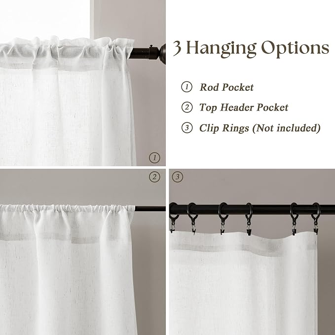 Off White Semi Sheer Linen Kitchen Curtains 24 Inch Length 2 Panels | Cream, Short Small Curtains for Cafe Laundry Bathroom Over Sink, Rod Pocket, Privacy Assured with Light Through, 30x24 Inches