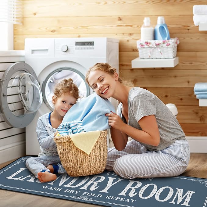 ROMAMIGO Laundry Room Rug Runner Non Slip Laundry Mats Mudroom Runner Farmhouse Kitchen Floor Mat Bathroom Laundry Room Decor Accessories(Blue, 20 X 47 inch)