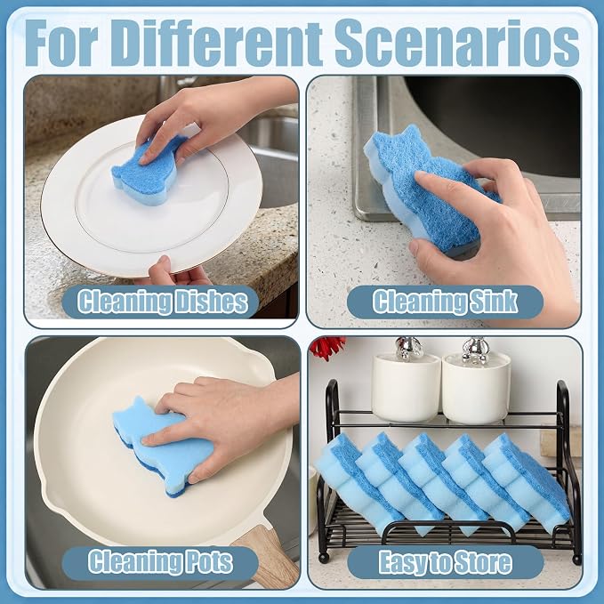 Tioncy 12 Pack Cat Shaped Sponges Cute Dual Sided Non Scratch | Reusable for Dishwashing Cookware Pot Pan, Cute Kitchen Cleaning Accessories, Non Scratch Bulk Household Supplies