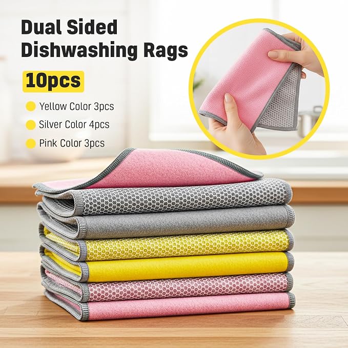 NEW 2026 | Non Scratch Wire Dishcloth | Metal Cleaning Rag for Kitchen Cookware | Silver Mesh Dishcloth | Double Sided | Metal & Coconut Fiber Scrubbers | 10 pcs Colorful Cloth