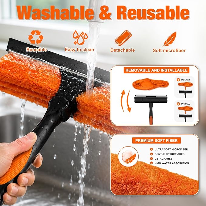 30FT Window Squeegee with Extension Pole, 2-in-1 Squeegee for Window Cleaning, Professional Cleaning Kit for Home with 24FT Telescoping Pole for Outdoor Indoor Use