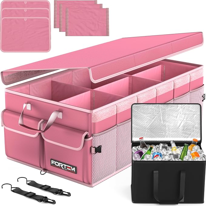 FORTEM Trunk Organizer - Foldable Car Organizer with Cooler for SUV, Trucks | Car Accessories for Men Women, Collapsible Bag, Non Slip Bottom, Straps, Soft Cover, 600D Oxford, Pink, 6 Compartments, 105L