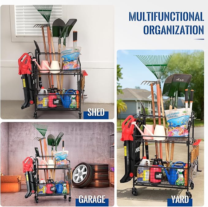 Mythinglogic Rolling Garden Tool Organizer for Garage, Yard and Lawn Tools | Metal rolling rack with multiple tool slots, movable hooks and locking casters for rakes, shovels, brooms and yard tools