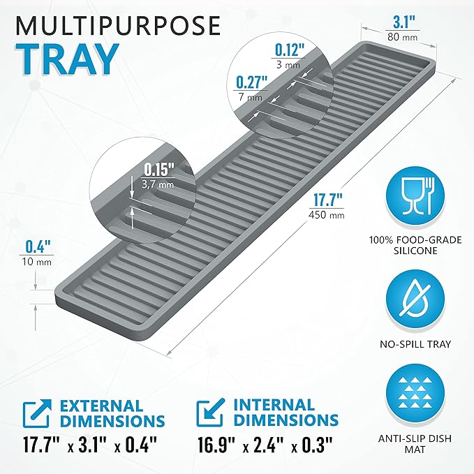 ZAPPOWARE Kitchen Sink Narrow Silicone Holder Tray 17.7"x3.1", Vanity & Bathroom Organizer, Gray (Pack of 2)