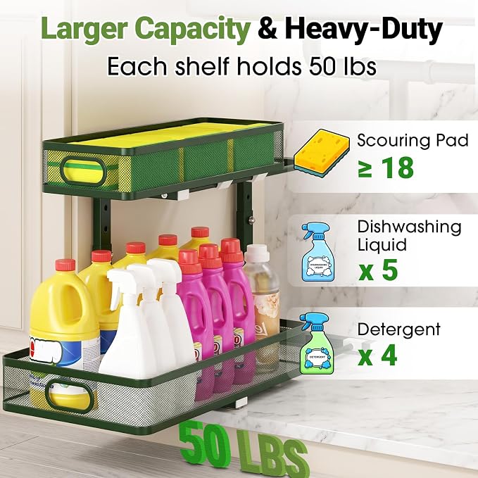 Under Sink Organizer, 2-Tier Pull-Out Cabinet Storage Shelf, Dark Green | Under Kitchen Sink Organizer, 5 Height Adjustable, Sliding Mesh Drawers for Bathroom Pantry Laundry Organization Rack