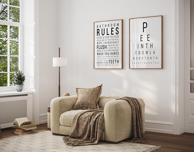 Poster Master 2-Piece Bathroom Sign Print - Eye Chart & Rules Poster - Humorous Guest Bath Decor - Minimal Typography Design - Powder Room Decor - Funny Restroom Sign - 24x32 UNFRAMED Wall Art