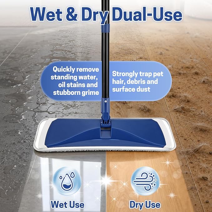 BUVE Microfiber Flat Mop for Hardwood Floors Cleaning | Wet Dry Use|360°Swivel Head|2 Washable Pads|Silicone Bumper Edge|59" Adjustable Handle for Vinyl,Laminate,Tile Floor Dust