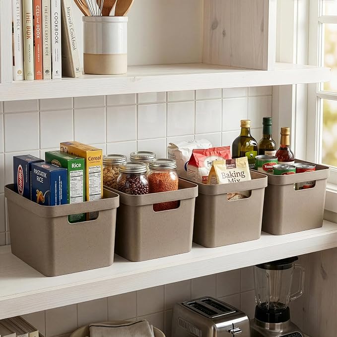 BINO | Plastic Storage Bins, 16 Liter - 2 Pack, Taupe | THE MODERN COLLECTION | Plastic Bins for Organization | Woven Storage Baskets for Organizing | Pantry Shelf Organizer Basket Container Bin