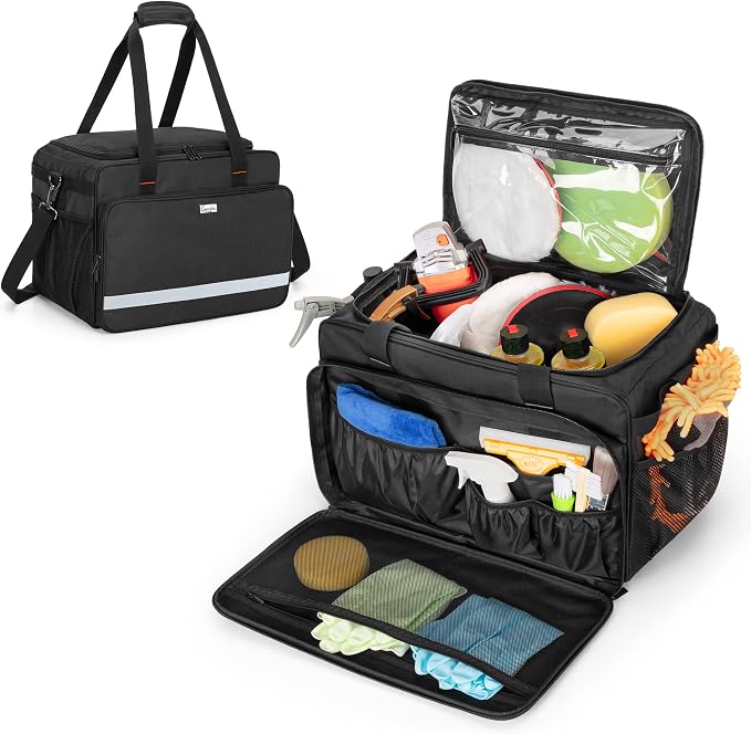 samdew Large Detailing Bag for Auto Detailing Supplies Storage, Bag Only | Cleaning Caddy for Car Care & Vehicle Wash Tools, for Detailing Bottles, Towel, Buffer & More, for on Road Trip or Car Show