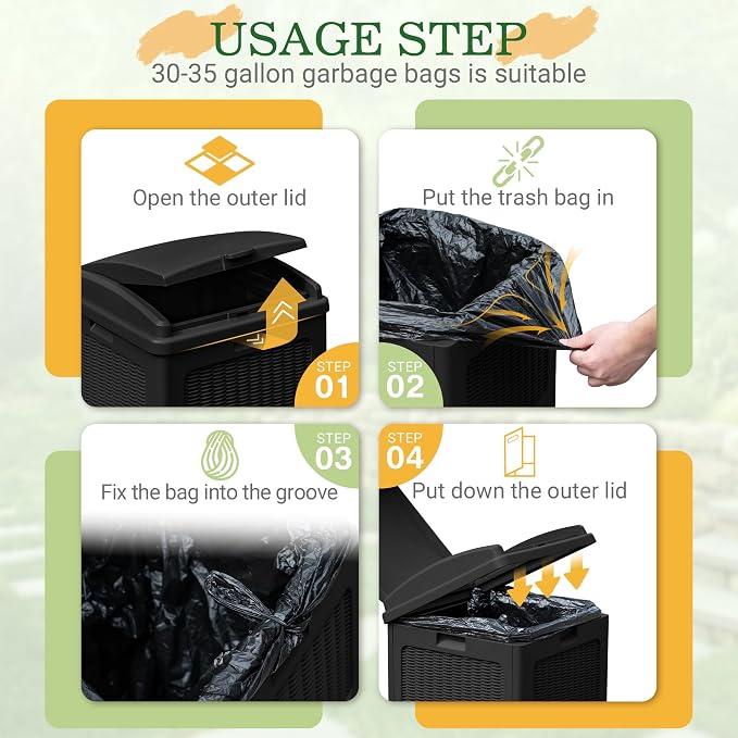 Greesum 33 Gallon Outdoor Trash Can with Lid, Waterproof, Dark Black | Resin Garbage Bin,UV-resistant for Hideaway, Patio, Deck, Light