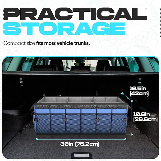 FORTEM Trunk Organizer - Foldable Car Organizer with Cooler for SUV, Trucks | Car Accessories for Men Women, Collapsible Bag, Non Slip Bottom, Straps, Soft Cover, 600D Oxford, Blue, 6 Compartments, 105L