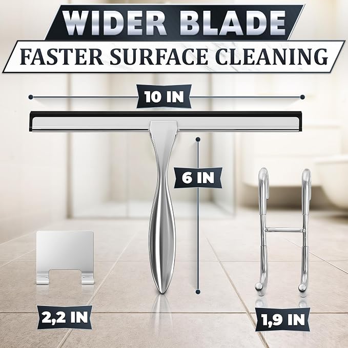 Stainless Steel Shower Squeegee, Glass, Silicone, 10 Inch (Silver) | Shower Door Squeegee with Silicone Blade, Adhesive & Hanging Hooks for Mirror, Tile, Window, Car, Multi-Surface Everyday Use
