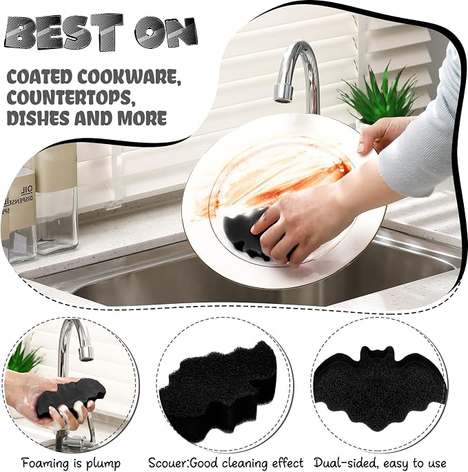 Tioncy 12 Pack Halloween Bat Kitchen Sponges, Black | Dual Sided Scrubber, Gothic Halloween Decor, Reusable Non Scratch Dishwashing, for Cookware Pot Boiler Pan Household