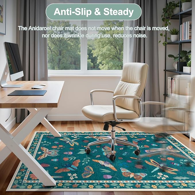 Anidaroel 48"x60" Office Chair Mat for Hardwood Floor/Tile, Anti-Slip Desk Rug for Offices, Insect Print Dark Green Office Rugs for Rolling Chairs, Low Plie Gaming Chair Mat for Hardwood
