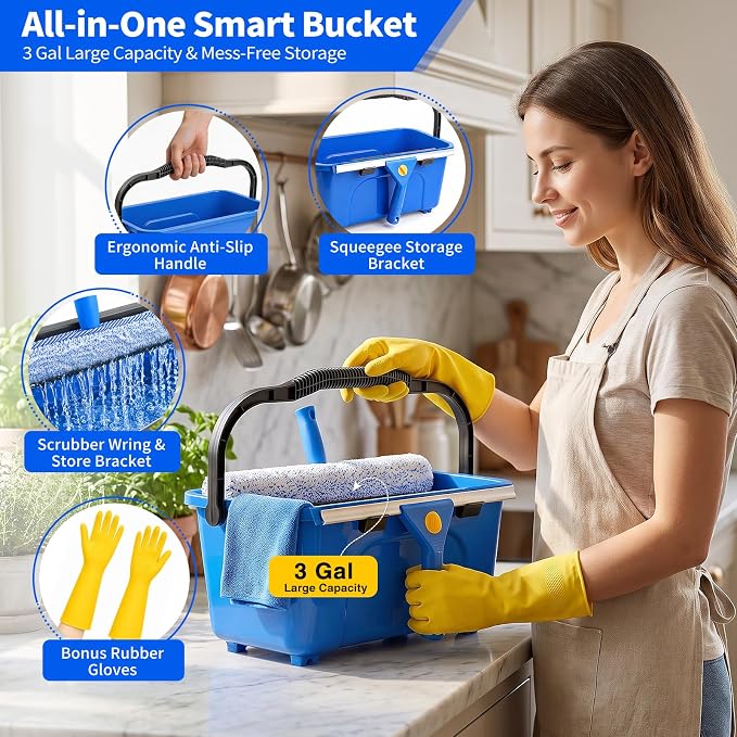 19-Piece Window Cleaning Kit with 3 Gal Cleaning Bucket, Professional 14" Window Squeegee & 15" Window Scrubber with 78" Extension Pole, Window Washing Tools for Home, Car, RV and Outdoor Glass