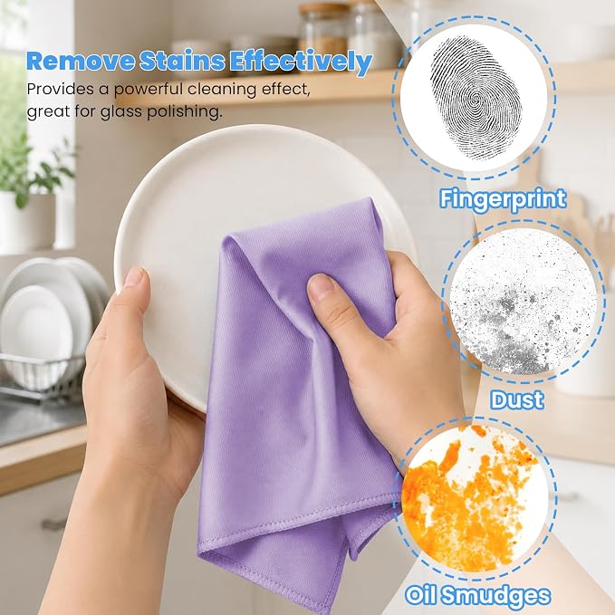 Puomue 12 Pack Microfiber Glass Cleaning Cloth, 10.8 Inch x 13.8 Inch, Lint Free Quickly Clean Windows, Mirrors, Glasses, Phone Screens, Camera Lenses, Purple