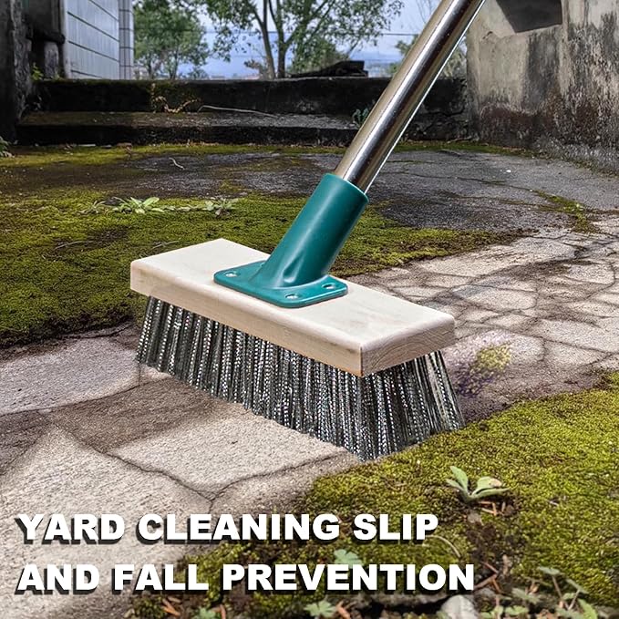 Push Broom Brush Stainless Steel Wire Scrub Brush with Long Handle for Moss, Tough Stains on Deck, Grout, Garage, Patio