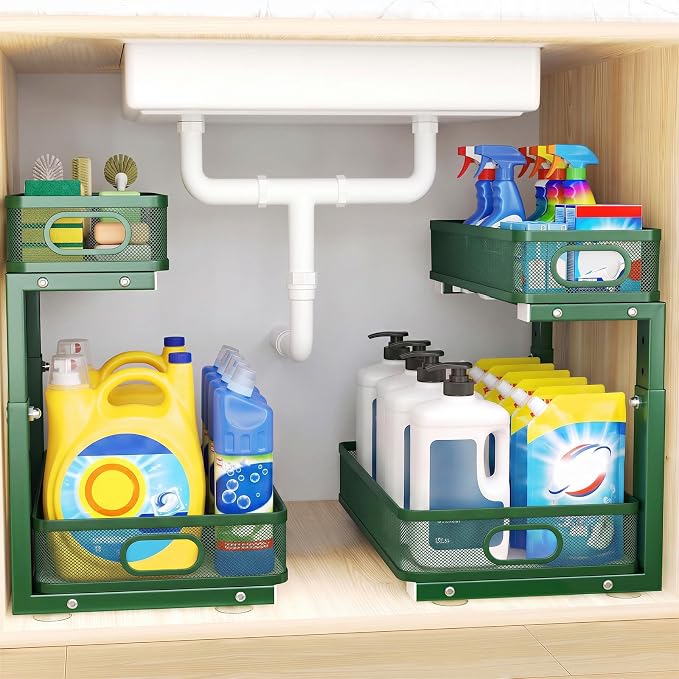Under Sink Organizer, 2-Tier Pull-Out Cabinet Storage Shelf, Dark Green | Under Kitchen Sink Organizer, 5 Height Adjustable, Sliding Mesh Drawers for Bathroom Pantry Laundry Organization Rack